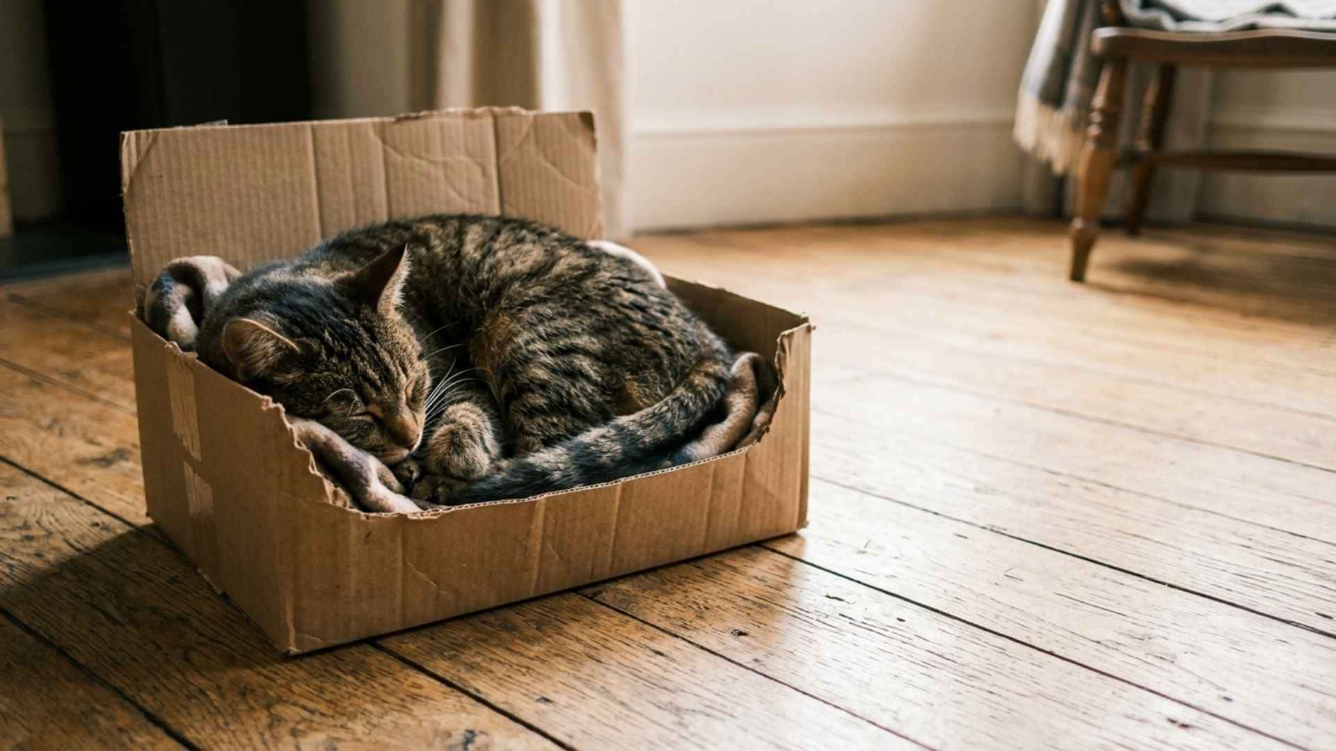 Gato durmiendo en una caja de cartón